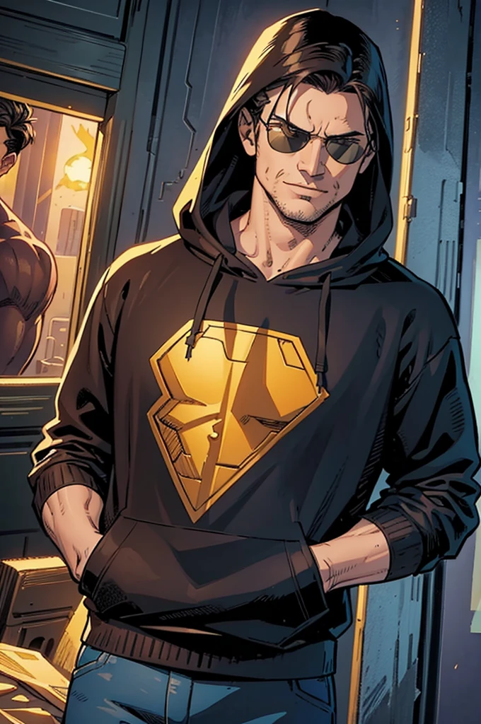 ((illustration)), (best quality)), ((masterpiece)), (detailed), ((cinematic)), teenage, boy, dark hair, brown eyes, muscular, shirt, black hoodie, sunglass, smirking, solo, gauntlet, day, stylish, slick hair, modern, superhero landing, image cover