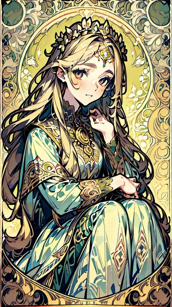 1 girl, dark brown hair, gold eyes, White skin, dressed in a white dress with lace and pleats, fairy wings, shy posture, whole body, sitting on a tree throne, green lights, Moonlight, flower crown on her head, soft smile, gentle.