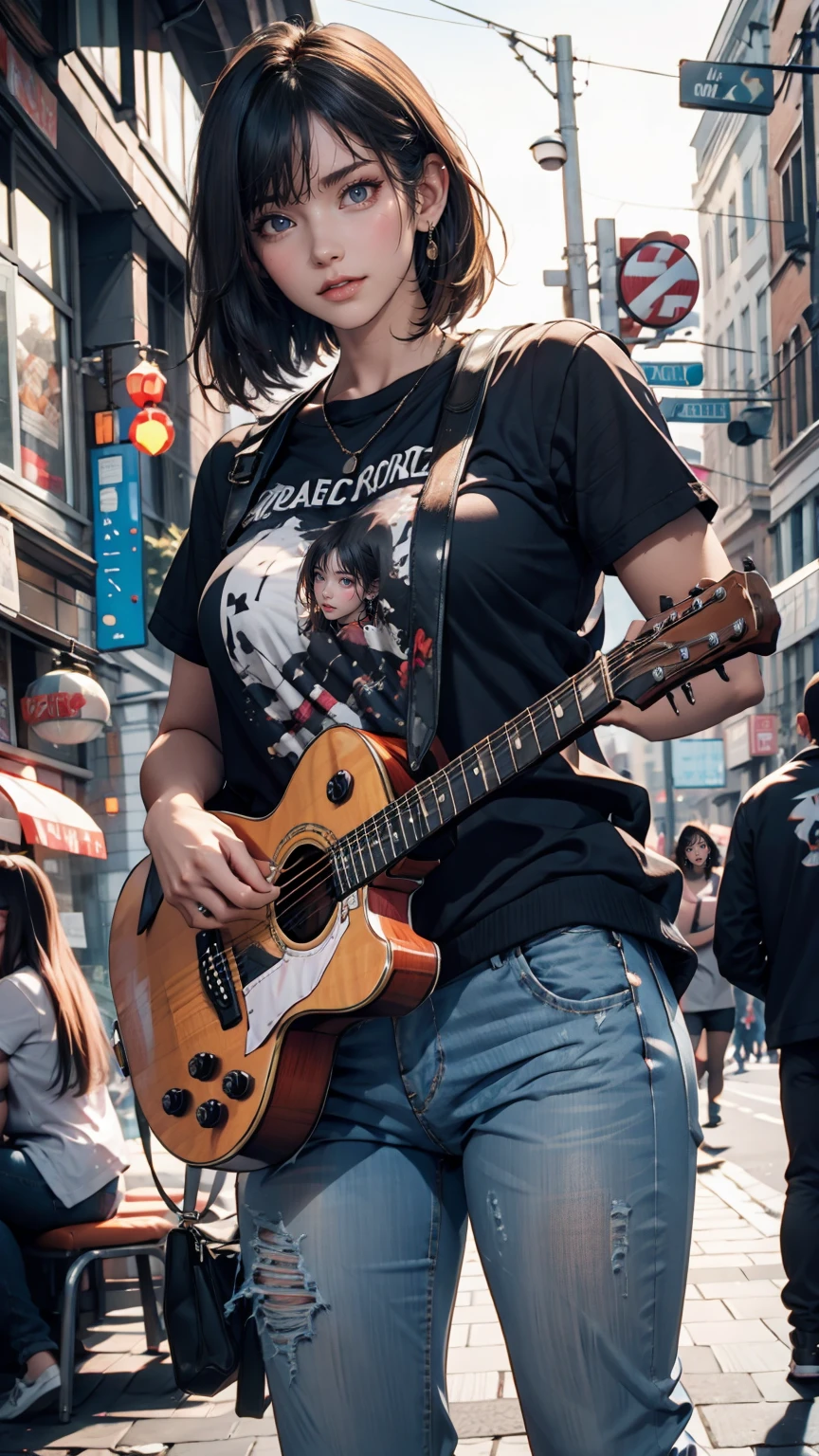 24-year-old female、Black Hair、Iris、Shortcuts、Curly hair ends、Street performance in downtown、The audience forms a circle around、Acoustic guitar playing、T-shirt with hard rock band logo printed on it、Skinny jeans、sneakers