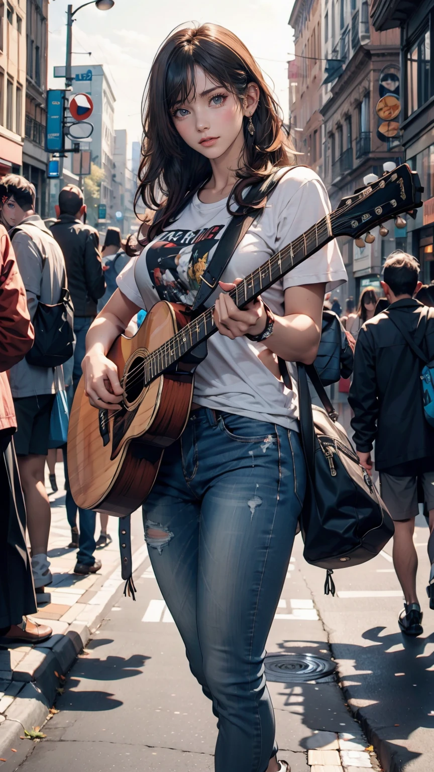 24-year-old female、Black Hair、Iris、Shortcuts、Curly hair ends、Street performance in downtown、The audience forms a circle around、Acoustic guitar playing、T-shirt with hard rock band logo printed on it、Skinny jeans、sneakers