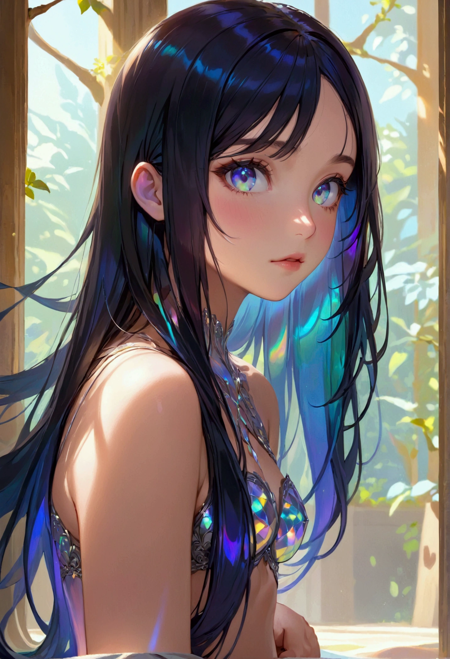 Girl, long dark iridescent hair, iridescent eyes, large thighs, small waist, small breast, modern wear, feet focus