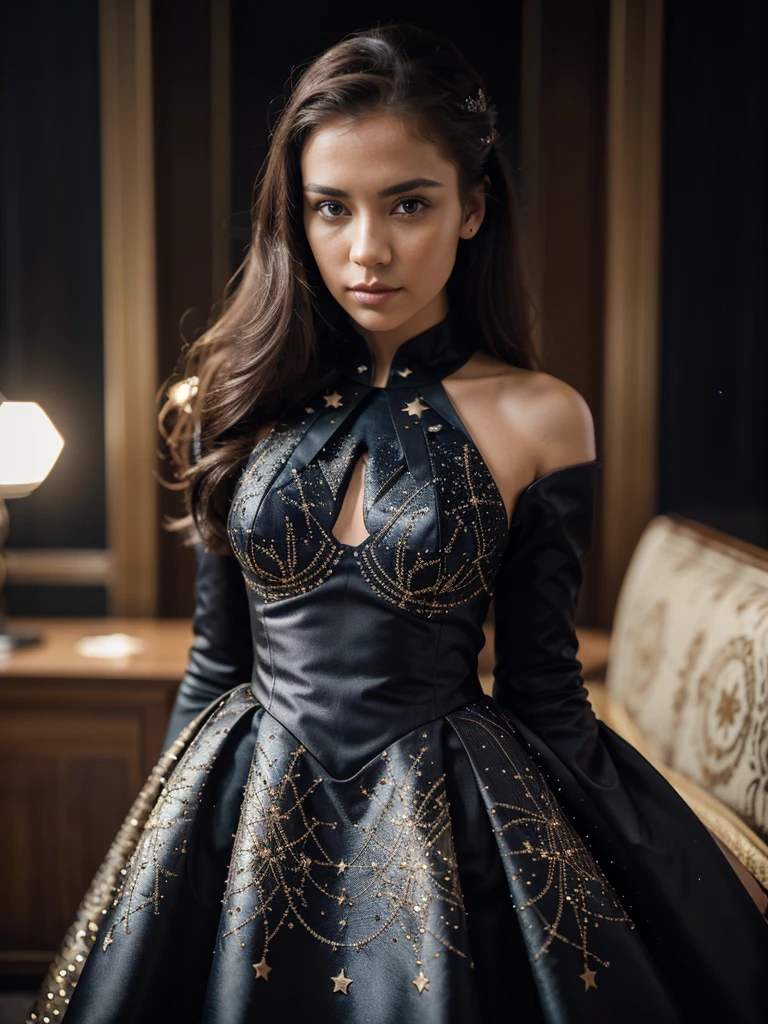 professional photograph of beautiful female model, modeling dress the latest haute couture made of stars constellation map, perfect symmetric eyes, full color photography, ultra realistic, 1DX Mark III, Canon EF 85mm f/1.4 L IS USM Lense, shutter speed 1/125,
aperture f/11.0, ISO 100, 8k, cinematography, photorealistic,
epic composition, cinematic, color grading, depth of field, hyper-detailed, editorial photography, photoshoot, super-resolution