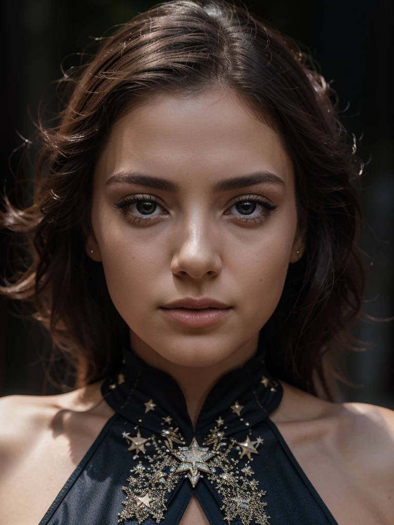 professional photograph of beautiful female model, modeling dress the latest haute couture made of stars constellation map, perfect symmetric eyes, full color photography, ultra realistic, 1DX Mark III, Canon EF 85mm f/1.4 L IS USM Lense, shutter speed 1/125,
aperture f/11.0, ISO 100, 8k, cinematography, photorealistic,
epic composition, cinematic, color grading, depth of field, hyper-detailed, editorial photography, photoshoot, super-resolution