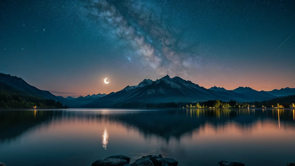 Beautiful lake wallpaper and moon night background, Very detailed, Realistic 8K Full HD.