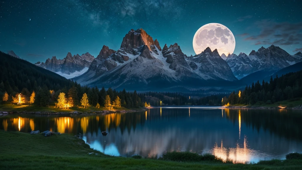 Beautiful lake wallpaper and moon night background, Very detailed, Realistic 8K Full HD.