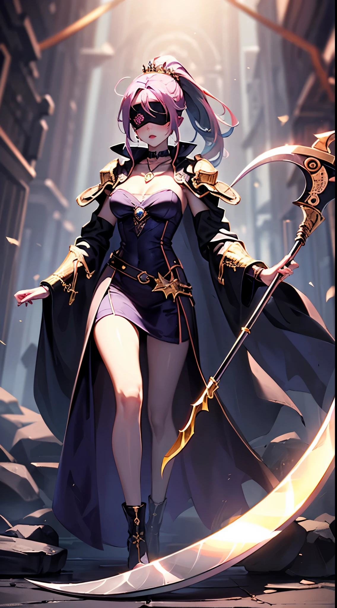 Vampire Queen Combat Dress (Radiant Royal Cloak: 1.2) Black and Purple Color, (extremely delicate beautiful eyes and depression but arrogant eyes), (multicolor, ponytail, iridescent hair, colorful hair, half purple and half pink hair: 1.3), (magical, mythic,fantasy), (Super Model Body Shape, idol, seducing body, attractive, gorgeous, charming, majesty, Sexy Devil aura), Original Character, Masterpiece, Tempting Purple Eyes, Purple Gemstone Accessories, Gold Belt, Gold Necklace, Wind Evil and body floating effect, Soft Moonlight, unique crown, (Corruption Tattoo on 1;1.25), (holding a Giant Scythe 1:1.3), 16k wallpaper style,bare shoulders, cute, petite, solo, stars, stardust, shiny body detailed, killing scenario, legend, horny blush, pink lips, cinematic lighting, full body close-up, scale up, twilight, dark magic, dark element, villain, battle mage, blindfold, solo leveling art style, perfect shade, shadow warrior, glowing armor