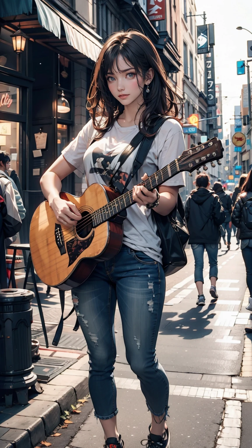 24-year-old female、Black Hair、Iris、Shortcuts、Curly hair ends、Street performance in downtown、The audience forms a circle around、Acoustic guitar playing、T-shirt with hard rock band logo printed on it、Skinny jeans、sneakers