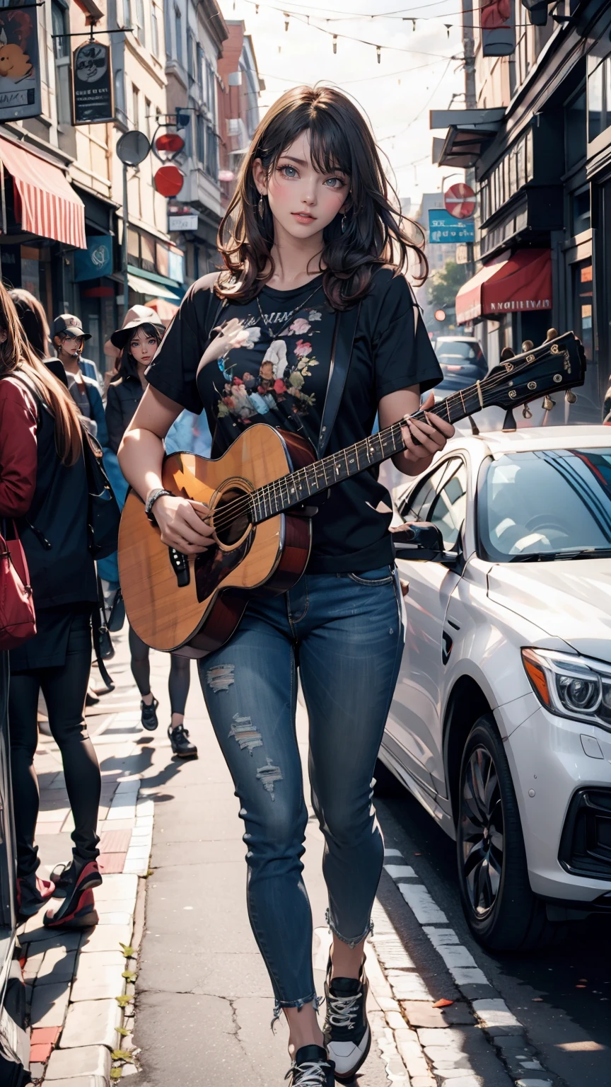 24-year-old female、Black Hair、Iris、Shortcuts、Curly hair ends、Street performance in downtown、The audience forms a circle around、Acoustic guitar playing、T-shirt with hard rock band logo printed on it、Skinny jeans、sneakers