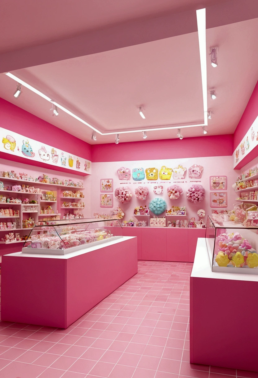I want you to create the interior of a kawaii and innovative store with good designs on the walls and atmosphere