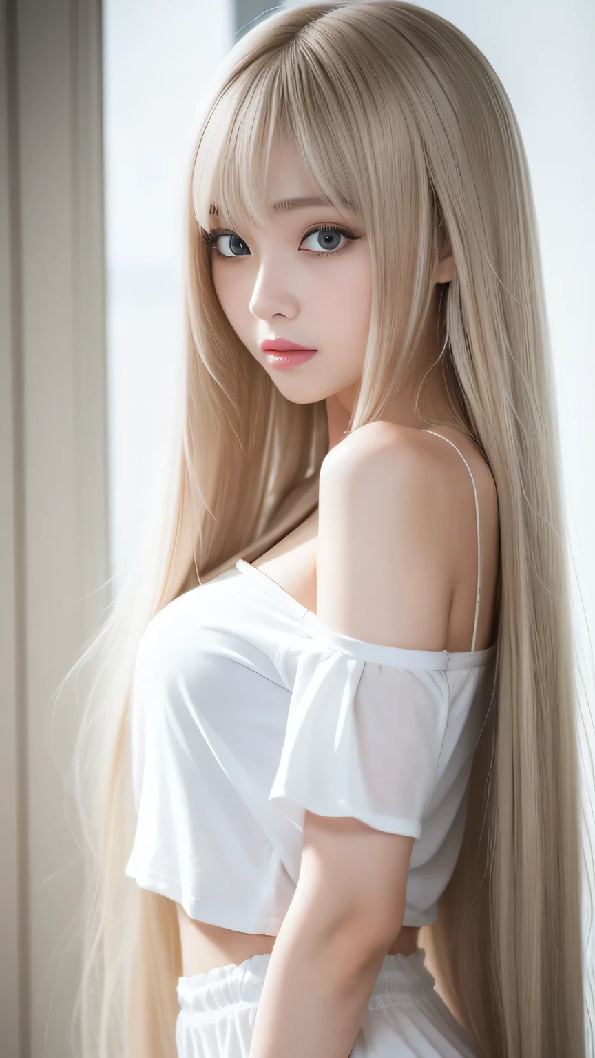 Silver Shiny Hair、Super long straight silky hair、Dazzling blonde, super long, silky hair、 cute little beautiful face、Beautiful girl、A radiant blonde dancing in front of a beautiful face、length, Silky bangs that cover the area between the eyes、so beautiful, bright, big, bright青い目、Very big eyes、Hair that hides the face、Sexy and cute young woman with super long bangs、Very white skin、Cheek Gloss Highlighter、Small Face Beauty、Colorful off-the-shoulder、Belly-baring T-shirt、Ample Bust