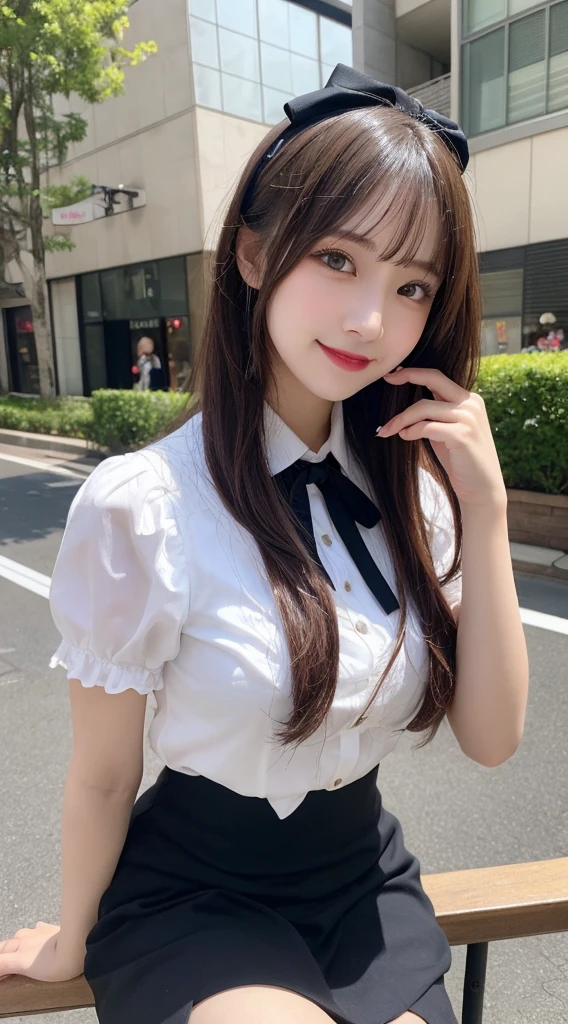 table top, highest quality, figure, super detailed, finely, High resolution, 8k wallpaper, Perfect dynamic composition, beautiful and fine eyes, medium hair,small breasts natural color lip, bold sexy pose,smile,harajuku、20 year old girl、cute、sexy shot looking at camera、gothic lolita clothes、skirt、blouse