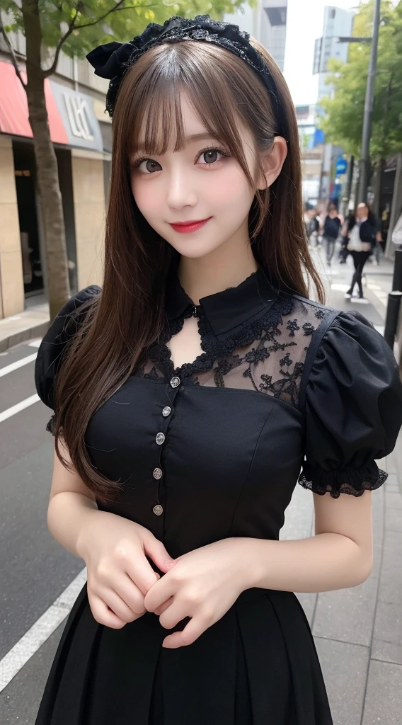 table top, highest quality, figure, super detailed, finely, High resolution, 8k wallpaper, Perfect dynamic composition, beautiful and fine eyes, medium hair,small breasts natural color lip, bold sexy pose,smile,harajuku、20 year old girl、cute、sexy shot looking at camera、gothic lolita clothes、skirt、blouse