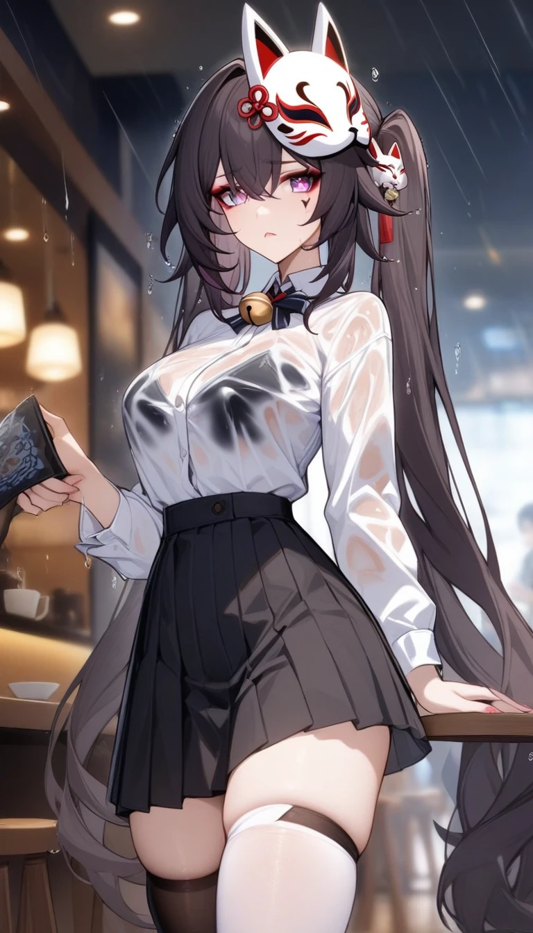 masterpiece, best quality, very aesthetic, absurdres, 1girl, mature_lady, 1girl, thighhighs,one thighhigh is white, another thighhigh is black, white stocking, black stocking, no_bra, pleated skirt, shirt tucked in, tented shirt,bow, wet_clothes,raining,waterdrop,,sparkle_(honkai:_star_rail), honkai:_star_rail, honkai_(series), 1girl, black_hair, pink_eyes, eyeshadow, facial_mark, makeup, twintails, very_long_hair, jingle_bell, neck_bell,halterneck, fox_mask, mask_on_head,,in a cafe,blur background,background defocus