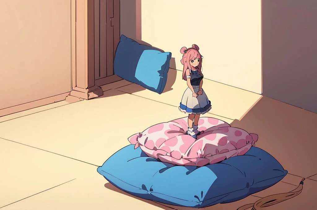 (best quality， masterpiece) , details, (Light and shadow oxtail) , Cute girl posing on pillow ，Pillow, Upholstered，Soft pillow quotation，（Pillow），The love surrounding the protagonist，steam，Luxury Pillow），（Gorgeous pattern pillow），luxurious pillow，（bedroom ）, standing,（Love around the protagonist），（pillow）, long hair, frilled pillow , ((pink pillow))  , 1 pillow, standing on top of pillow, on pillow, big pillow, pillow damage, stomping pillow, stomping, pillow on floor, stepping on pillow, posing on top pillow, full body, pillow on floor, (((pink hair))), feathers