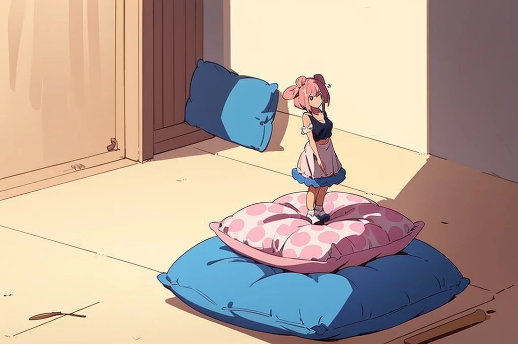 (best quality， masterpiece) , details, (Light and shadow oxtail) , Cute girl posing on pillow ，Pillow, Upholstered，Soft pillow quotation，（Pillow），The love surrounding the protagonist，steam，Luxury Pillow），（Gorgeous pattern pillow），luxurious pillow，（bedroom ）, standing,（Love around the protagonist），（pillow）, long hair, frilled pillow , ((pink pillow))  , 1 pillow, standing on top of pillow, on pillow, big pillow, pillow damage, stomping pillow, stomping, pillow on floor, stepping on pillow, posing on top pillow, full body, pillow on floor, (((pink hair))), feathers