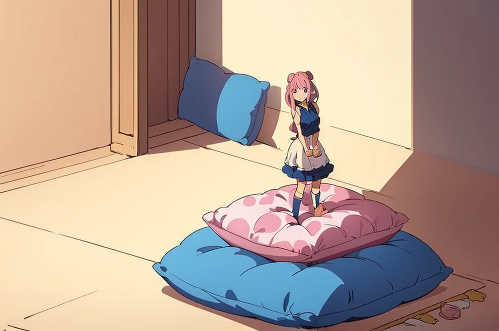 (best quality， masterpiece) , details, (Light and shadow oxtail) , Cute girl posing on pillow ，Pillow, Upholstered，Soft pillow quotation，（Pillow），The love surrounding the protagonist，steam，Luxury Pillow），（Gorgeous pattern pillow），luxurious pillow，（bedroom ）, standing,（Love around the protagonist），（pillow）, long hair, frilled pillow , ((pink pillow))  , 1 pillow, standing on top of pillow, on pillow, big pillow, pillow damage, stomping pillow, stomping, pillow on floor, stepping on pillow, posing on top pillow, full body, pillow on floor, (((pink hair))), feathers