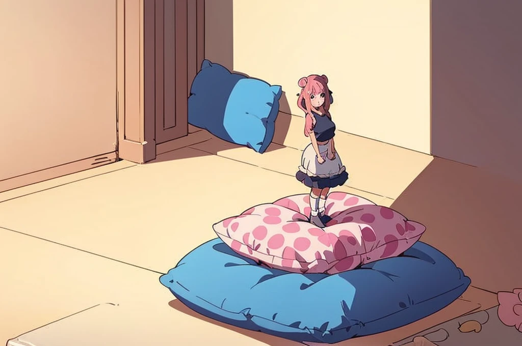 (best quality， masterpiece) , details, (Light and shadow oxtail) , Cute girl posing on pillow ，Pillow, Upholstered，Soft pillow quotation，（Pillow），The love surrounding the protagonist，steam，Luxury Pillow），（Gorgeous pattern pillow），luxurious pillow，（bedroom ）, standing,（Love around the protagonist），（pillow）, long hair, frilled pillow , ((pink pillow))  , 1 pillow, standing on top of pillow, on pillow, big pillow, pillow damage, stomping pillow, stomping, pillow on floor, stepping on pillow, posing on top pillow, full body, pillow on floor, (((pink hair))), feathers