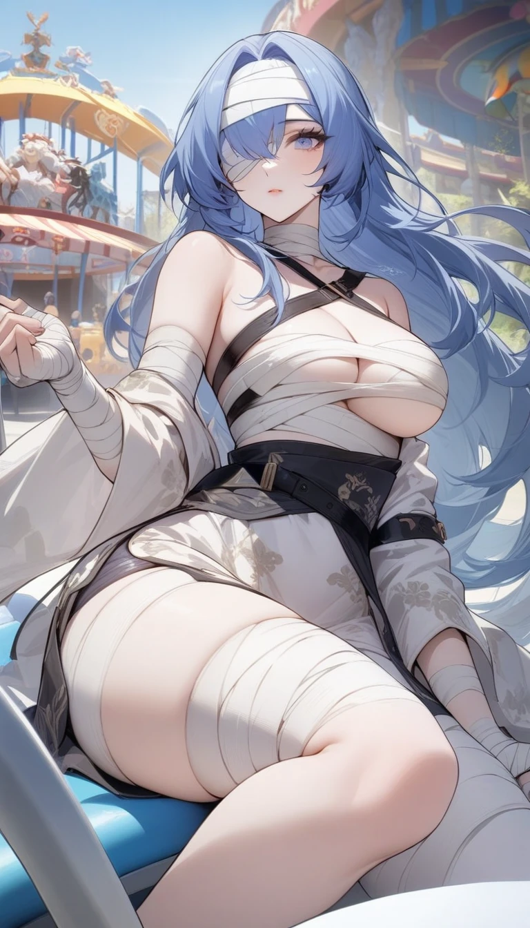 masterpiece, best quality, very aesthetic, absurdres, 1girl, mature_lady, Mummy_clothes, bandage_clothes, bandaged_chest, bandaged_fingers, bandaged_hand, bandaged_head, bandaged_neck, bandaged_thighs, bandaged_pants, bandages cover body, ,cang_yue_(tou_xing_jiuyue_tian), blue_hair,expressionless, floating_hair, long_hair, bandage_over_one_eye, ,in an amusement_park,floating_hair