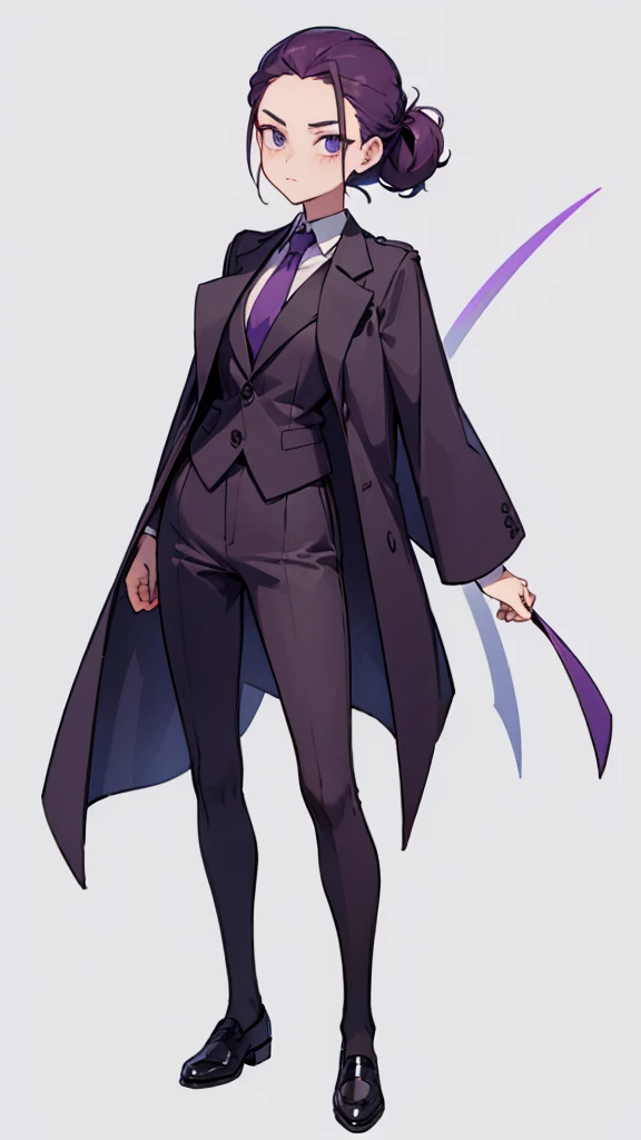 1.Cross-dressing girl,suit,Hair style slicked back,Dark purple hair,Leather shoes,whole body,White background,濃い紫のsuit,濃い紫のsuitズボン,Photographer,Single-lens reflex camera,Cool standing figure,Purple tie