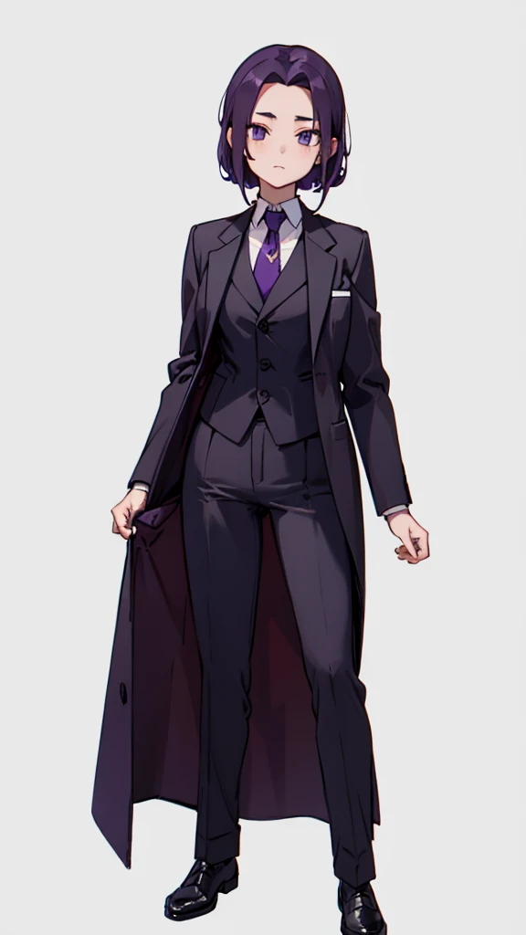 1.Cross-dressing girl,suit,Hair style slicked back,Dark purple hair,Leather shoes,whole body,White background,濃い紫のsuit,濃い紫のsuitズボン,Photographer,Single-lens reflex camera,Cool standing figure,Purple tie