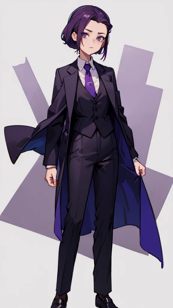 1.Cross-dressing girl,suit,Hair style slicked back,Dark purple hair,Leather shoes,whole body,White background,濃い紫のsuit,濃い紫のsuitズボン,Photographer,Single-lens reflex camera,Cool standing figure,Purple tie