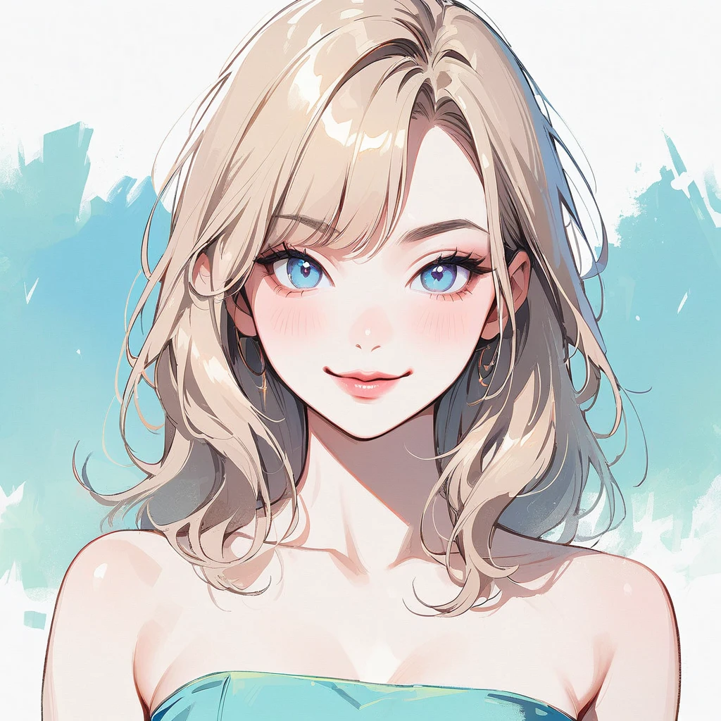 Girl, light blonde hair, pale blue eyes, rosy cheeks, lipgloss, solo, smiling, ethereal, sassy, cheeky, attitude, bright, pink strapless crop top
