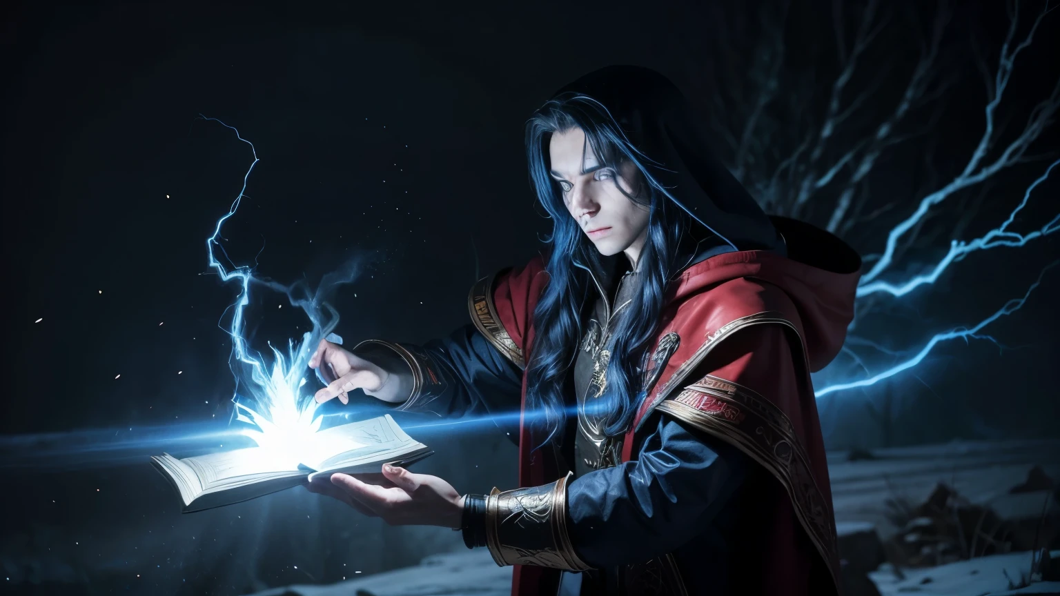 a mage man with a hood, a floating grimoire, ice magic, fire, lightning coming from the grimoire, long hair, majestic, blue and red hair
