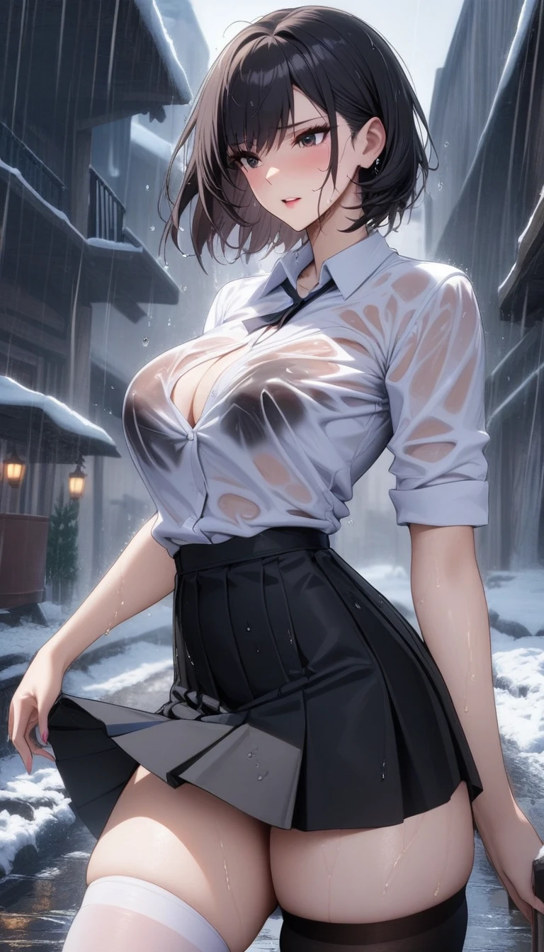 masterpiece, best quality, very aesthetic, absurdres, 1girl, mature_lady, 1girl, thighhighs,one thighhigh is white, another thighhigh is black, white stocking, black stocking, no_bra, pleated skirt, shirt tucked in, tented shirt,bow, wet_clothes,raining,waterdrop,,ada wong(resident evil), 1girl, short hair,black hair, hair behind ear,,snow land,floating_hair