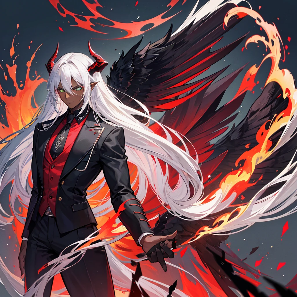Male character, handsome, dark skin, black wings, wearing a red suit, long white hair, emerald green eyes, his appearance is that of a fire demon, his body is that of a fire demon with giant horns, a bestial body, an intimidating appearance, its appearance is identical to that of the fire demon Ifrit, blue background