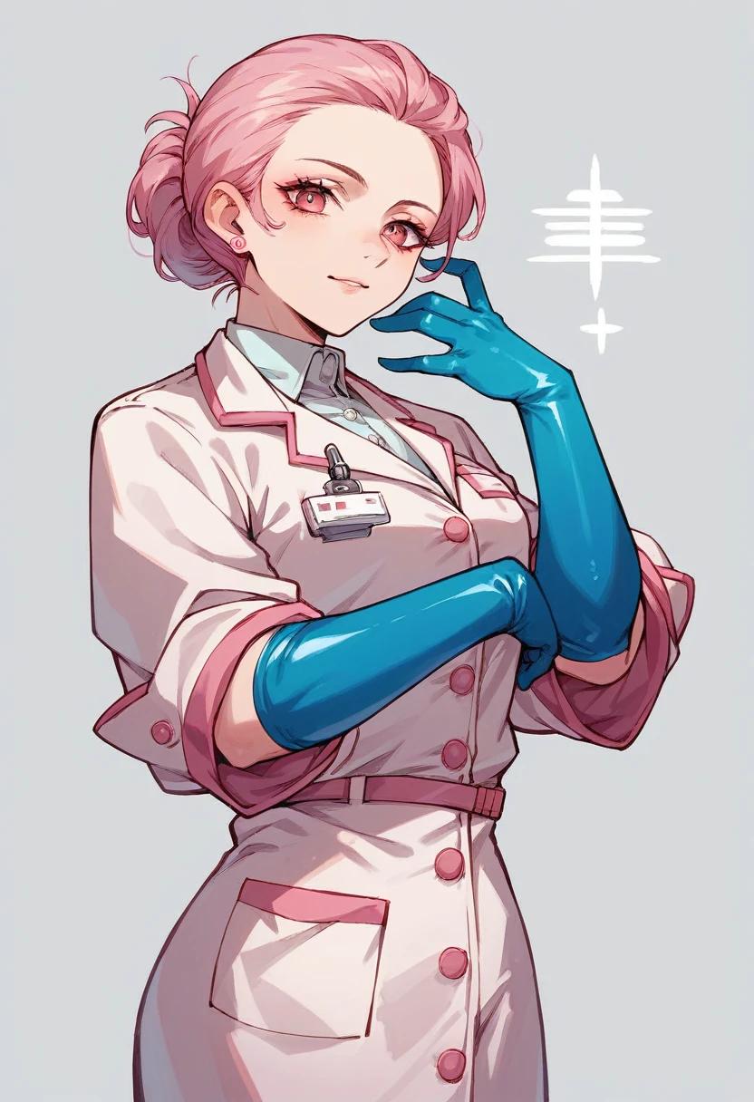 1girl, ((blue elbow gloves)), ((surgical gloves)), ((latex gloves)), ((long sleeves)), ((pink surgeon outfit)), ((pink doctor outfit)), looking at viewer, standing, solo