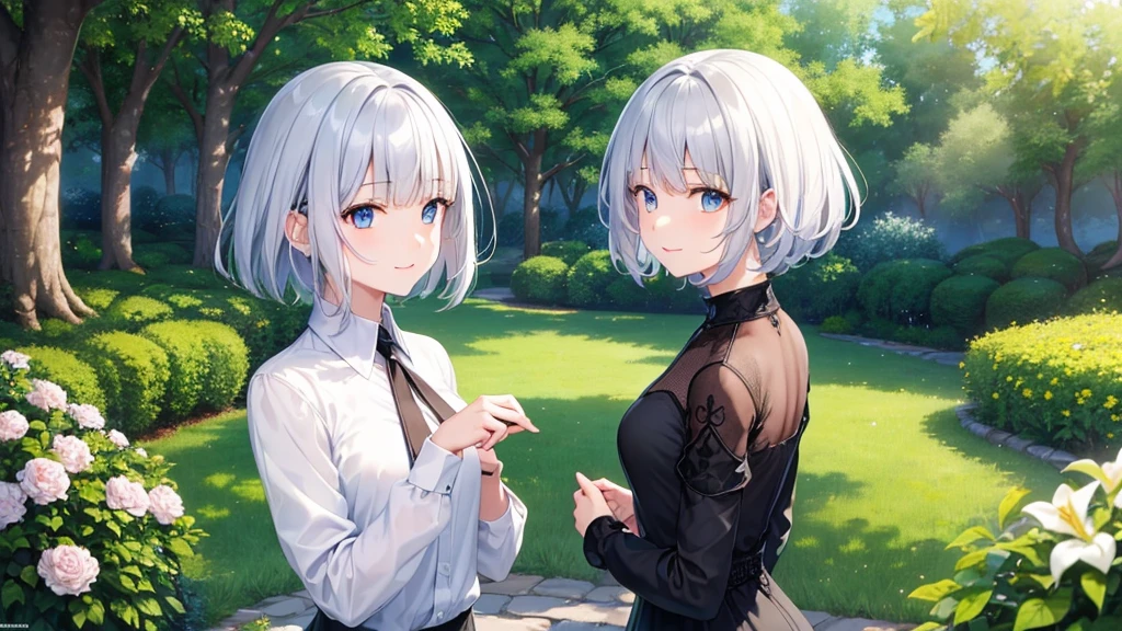 Ultra HD,Look at the viewers, Put your hands behind your back, With a girl, 20-year-old, 非常にShort Hair, Long bangs between the eyes, Pale blue eyes, Very detailed,(masterpiece、Highest quality),Gray Hair、Laughter、Fantastic, Silver Hair, Iris, Short hair、 Fluttering Hair、Small Face、明るいsmile、(Detailed face) ,Professional Lighting,Wonderful landscape,blue sky, sunlight,Looking down from above,Portraiture、Open your mouth、Flower Field、Her eyes were shining、Mysterious and enchanting atmosphere。With AI Painting、とてもShort Hair, Long bangs between the eyes, Very detailed,(masterpiece、Highest quality)、alone、Gray Hair、Fantasy, Silver Hair, Fantasyな風景、smile、Open your mouth、short hair、Short Hair、hairpin、black eye、Grey Eyes、Beautiful Eyes、White shirt、Jacket、I can see the neck、The clavicle is visible