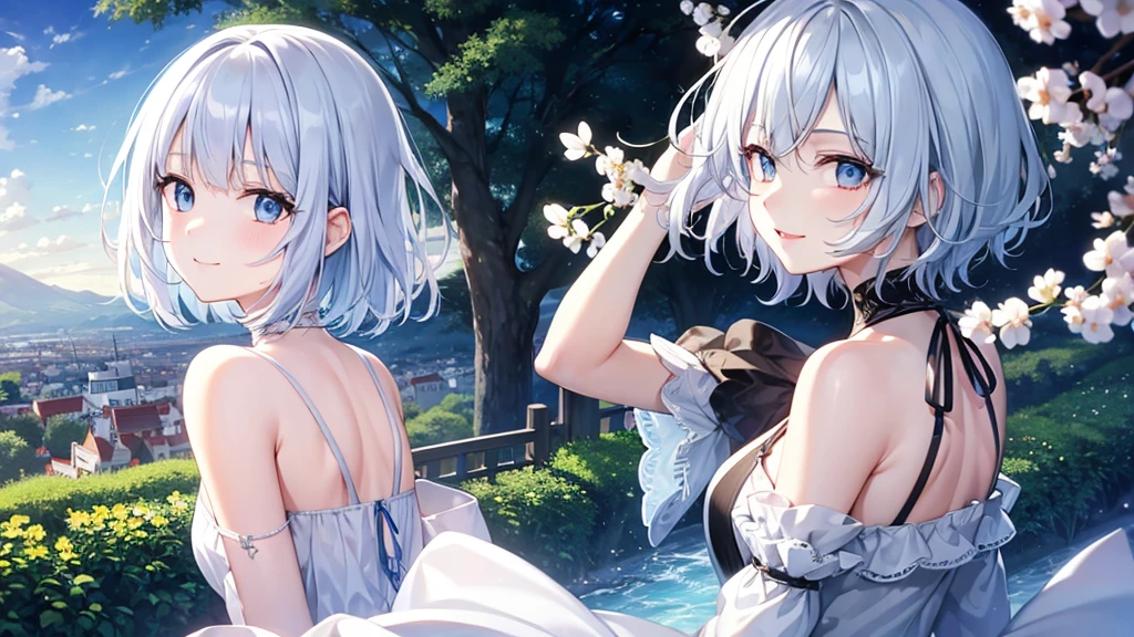 Against the background of the element of water，Light blue double ponytail hair，Yellow bells hang from his hair，Blue and white clothes with milk，Cute cute girl