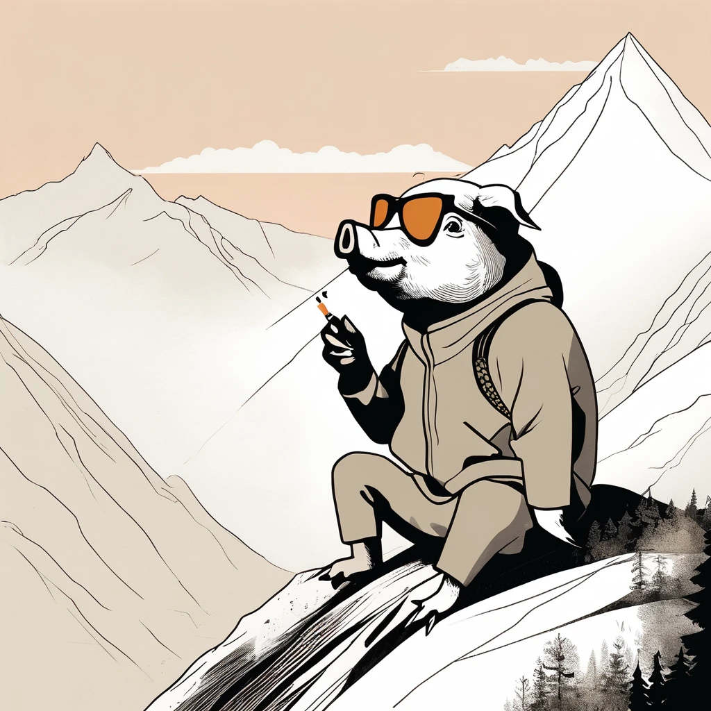 pig-like , sweet,art by Sophie Roach , art by Jon Klassen , art by Michael Cho , art by Sophie Roach、sunglasses,campimg,smoking,mountain climbing