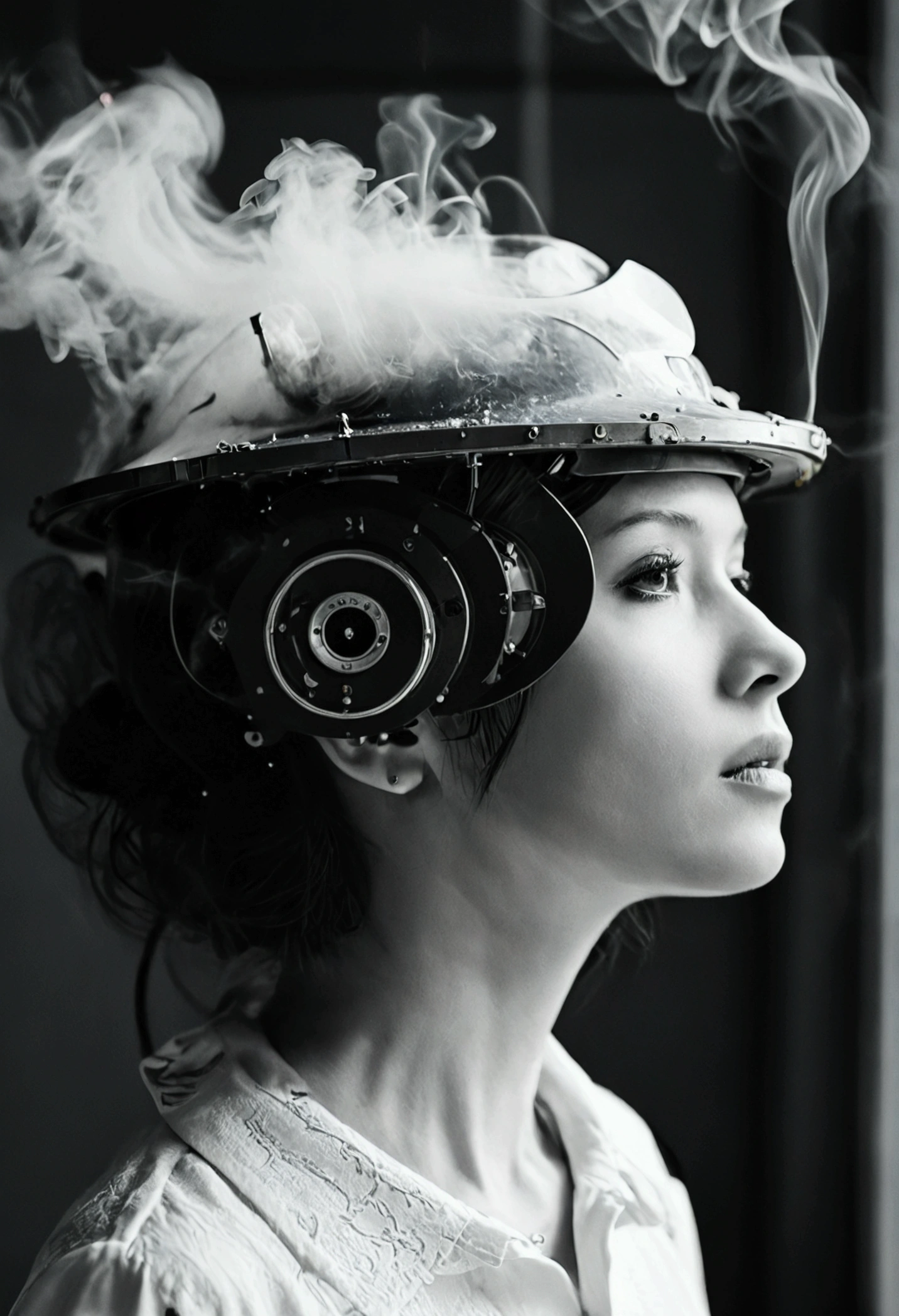 A person&#39;s head becomes a sophisticated radar receiving machine，smoke，Black and white photo album cover，Minimalist blur style
