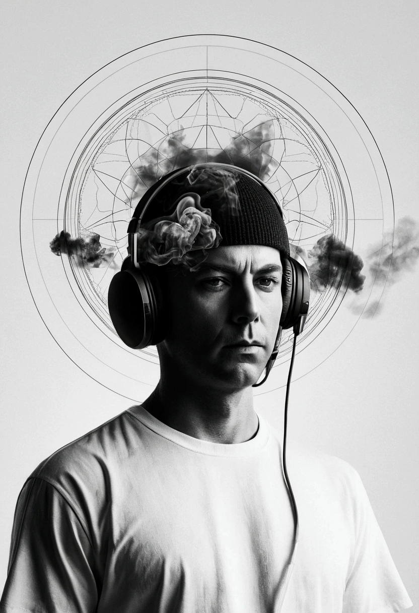 A person's head becomes a sophisticated radar receiving machine,smoke,Black and white photo album cover,Minimalist blur style