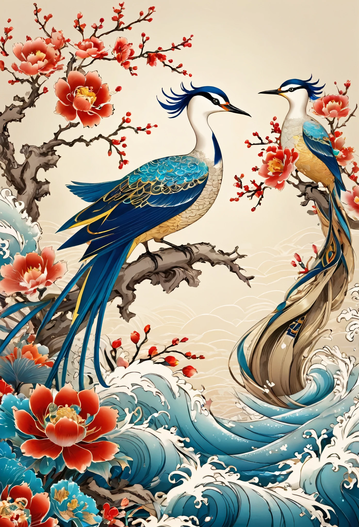 National tide, birds and flowers, Wrap, hyper HD, filigree, Chinese elements, illustration