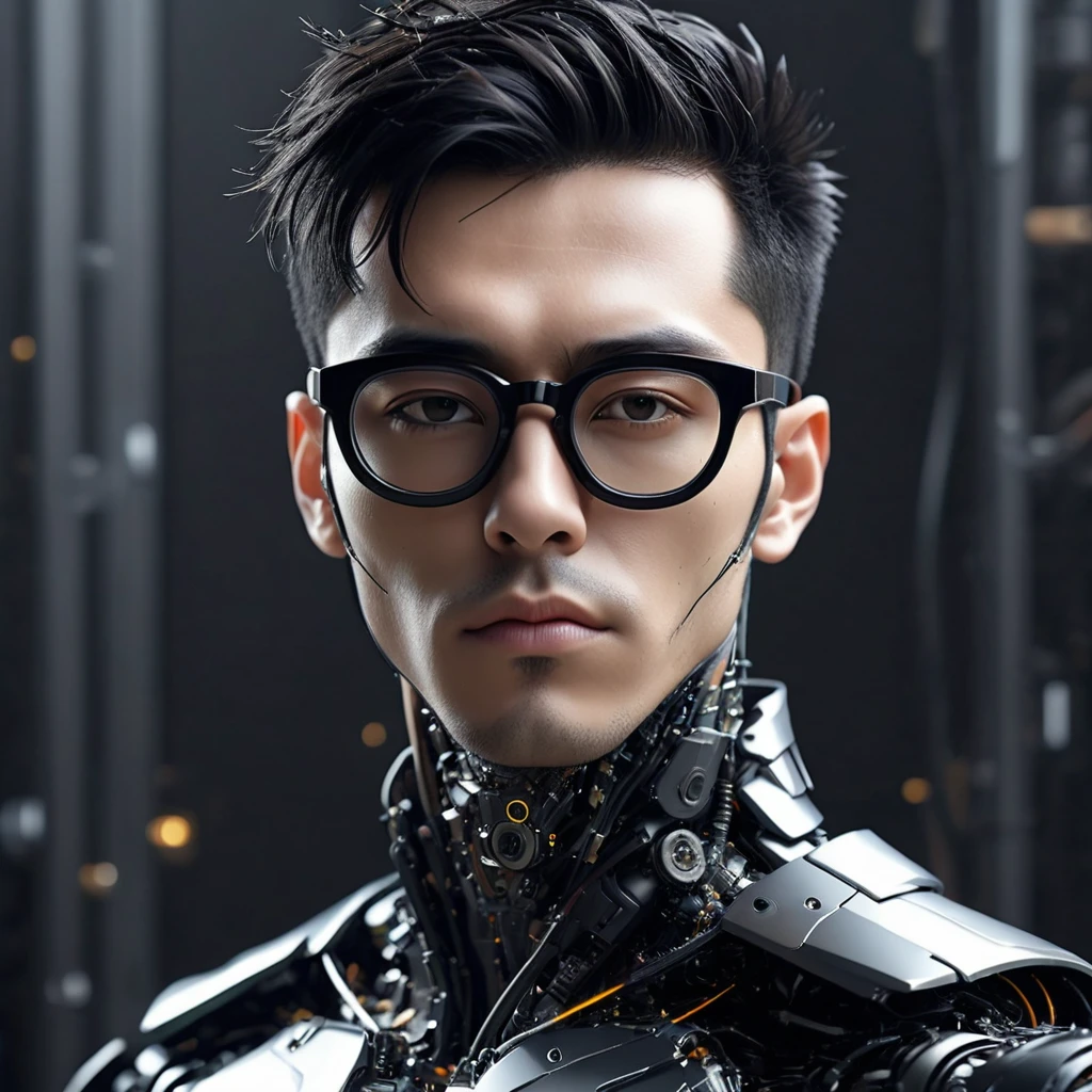Male robot body hair with black-rimmed glasses with undercut hair, Look to the camera ::futuristic cyberpunk style ,realistic styling ::n_digital painting style, robotic parts, face perfect::seed 1、Black Edged Hair、large nose、Black-based clothing, photo by full body, White background