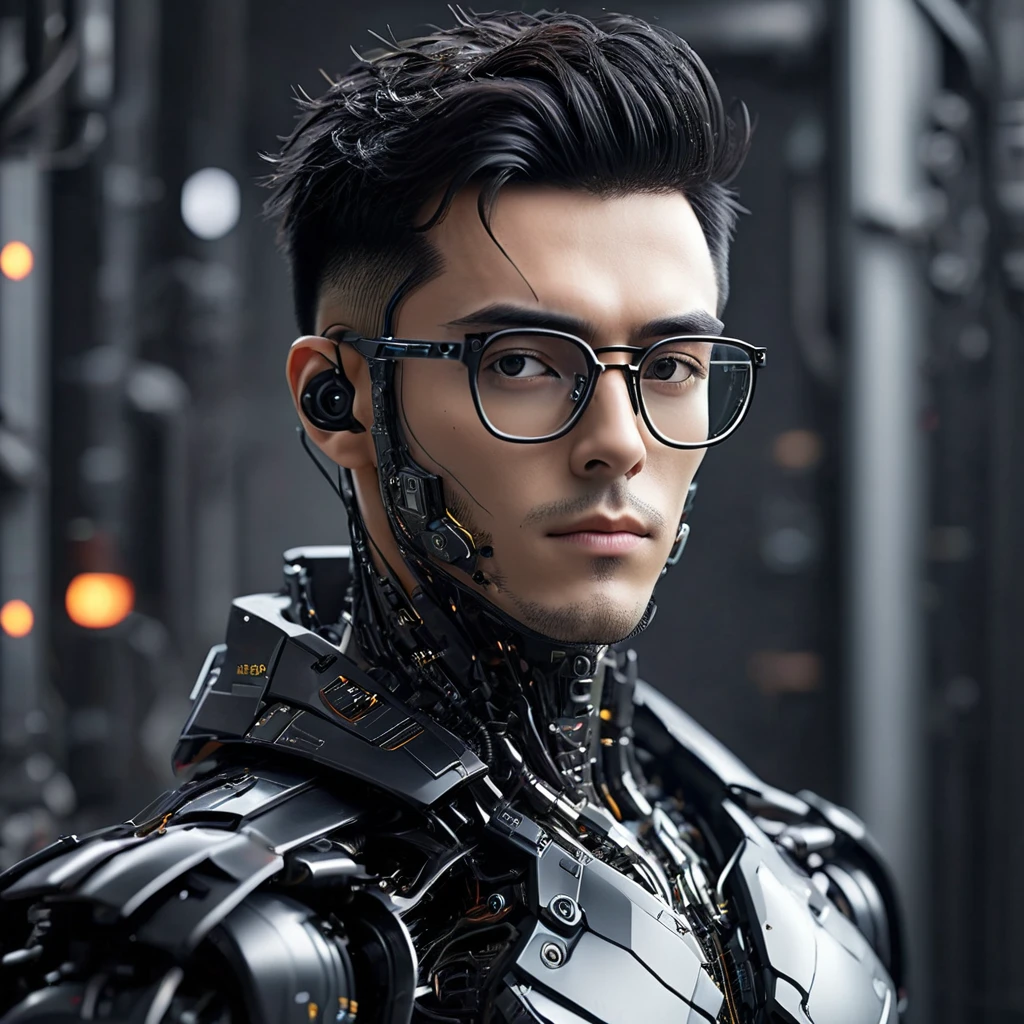 Male robot body hair with black-rimmed glasses with undercut hair, Look to the camera ::futuristic cyberpunk style ,realistic styling ::n_digital painting style, robotic parts, face perfect::seed 1、Black Edged Hair、large nose、Black-based clothing, photo by full body, White background