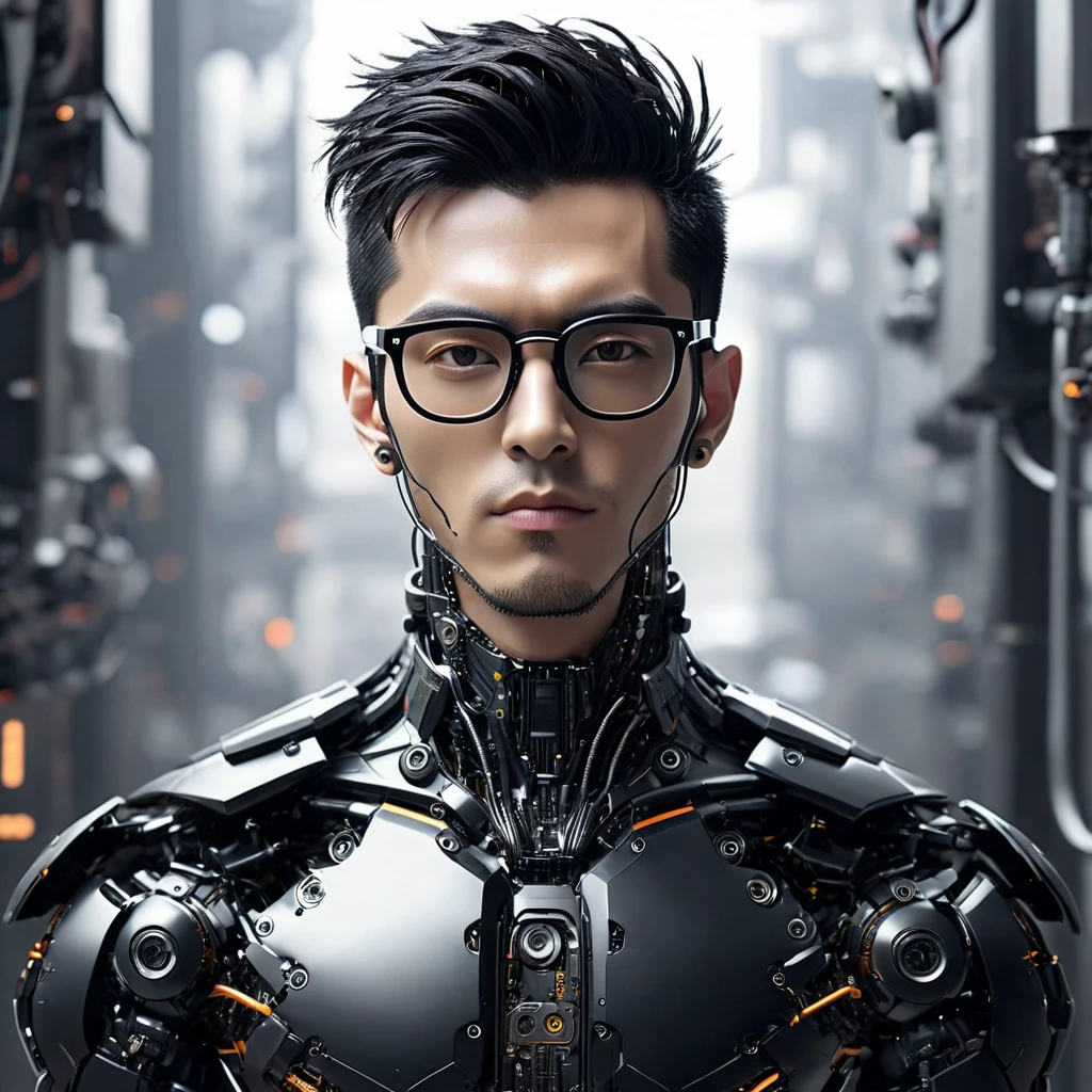 Male robot body hair with black-rimmed glasses with undercut hair, Look to the camera ::futuristic cyberpunk style ,realistic styling ::n_digital painting style, robotic parts, face perfect::seed 1、Black Edged Hair、large nose、Black-based clothing, photo by full body, White background