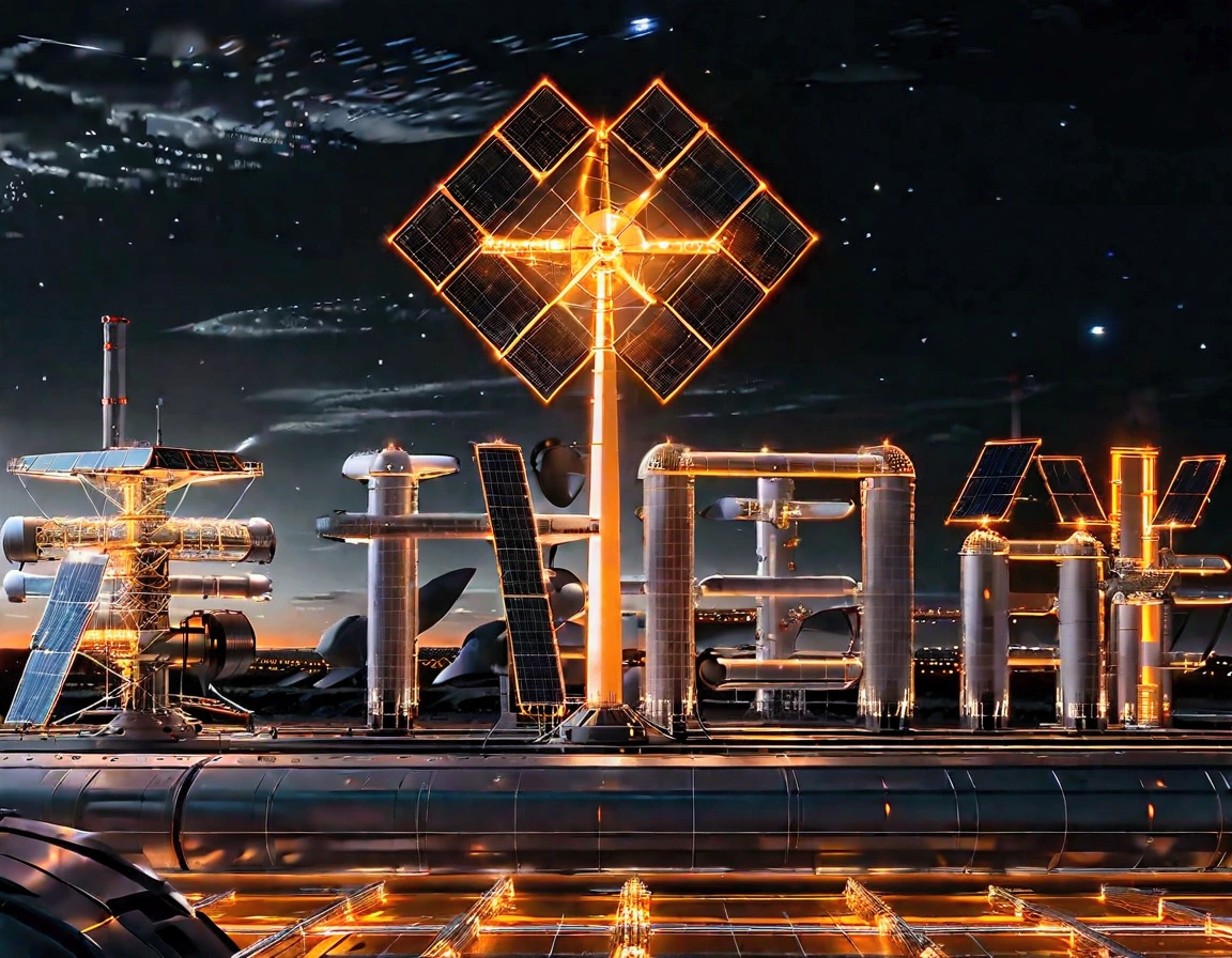 (masterpiece:1.3),8k,best quality,ultra high res,c4d,oc rendering,sense of technology,sense of future,brilliant light,light,universe,starry sky,(planet,Solar panels,wind turbines,thermal power plants,chemical plants,buildings,cities,railways,high-speed trains,ships:1.2),Wire frame hologram, non luminous, rendered in the style of a 3D rendering with a black background, professionally shot with professional lighting and color grading to present surrealism, orange and white (black background: 1.4), stars visible in the distance in the background,