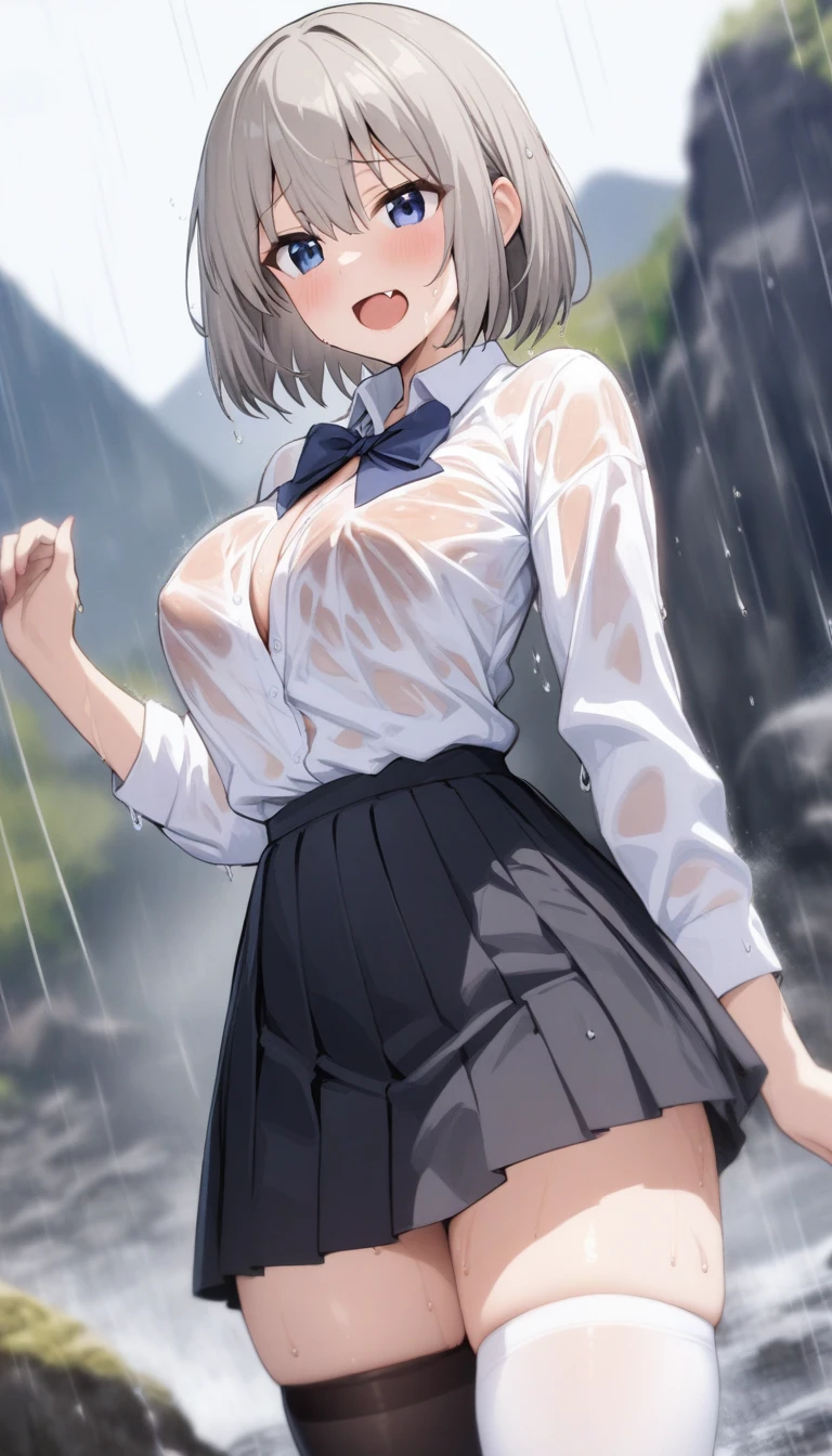 masterpiece, best quality, very aesthetic, absurdres, 1girl, mature_lady, 1girl, thighhighs,one thighhigh is white, another thighhigh is black, white stocking, black stocking, no_bra, pleated skirt, shirt tucked in, tented shirt,bow, wet_clothes,raining,waterdrop,,uzaki_hana, uzaki-chan_wa_asobitai!, grey_hair, short_hair, blue_eyes, fang,,in the mountain,blur background,background defocus