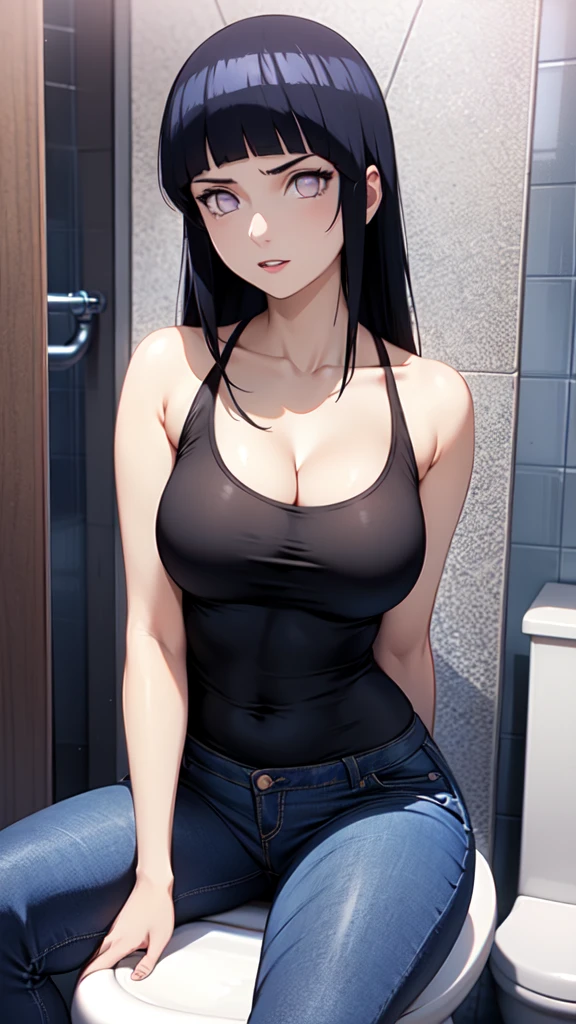 ((best quality)), ((masterpiece)), (detailled), perfect face((best quality)), ((masterpiece)), (detailled), perfect face(best quality)), ((masterpiece)), (detailled), perfect face(best quality)), ((masterpiece)), (detailled), perfect face,stunning realistic, photorealistic, Photorealism, 1 girl,hyuga Hinata, purple eyes, black hair, big , white tanktop, skinny jeans, arms behind back,(Sitting on the toilet),(Sitting on the toilet正在上马桶)