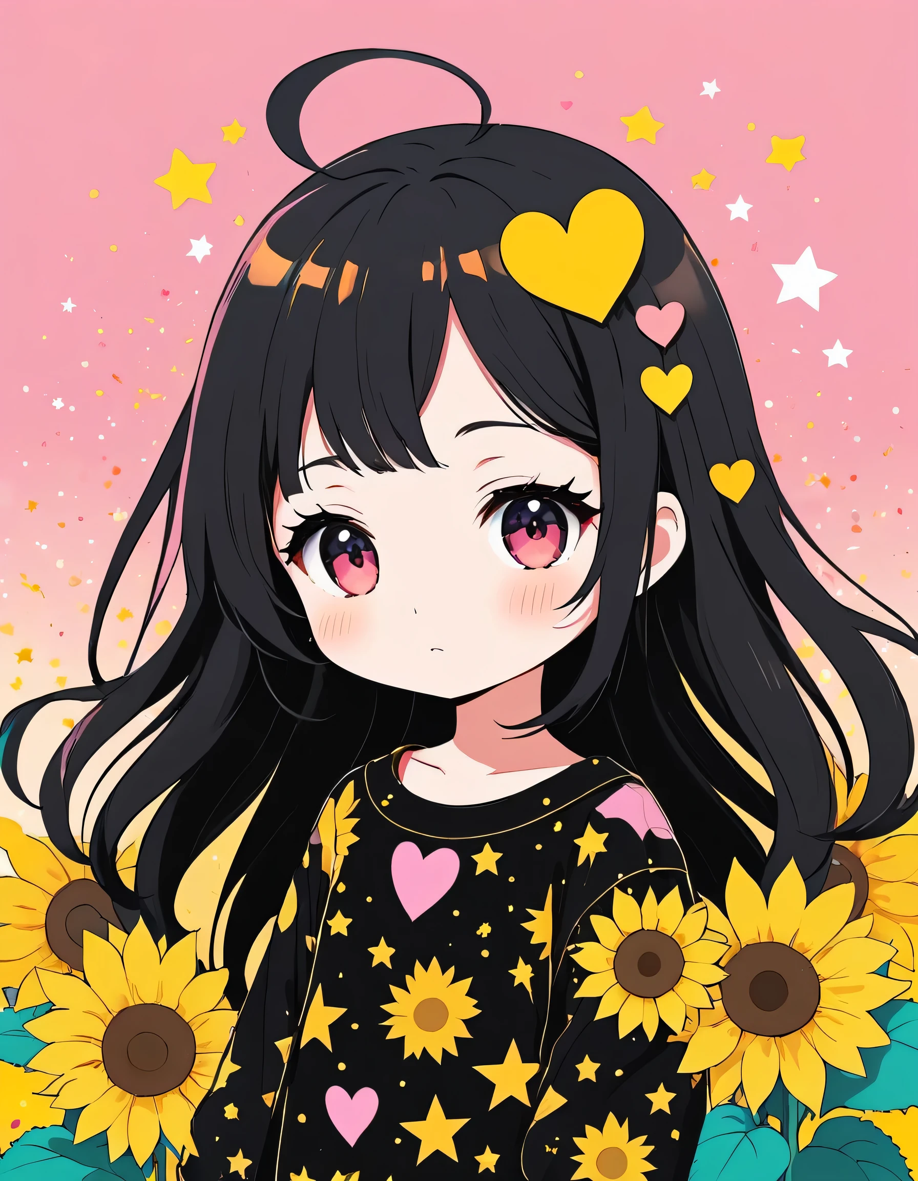 Black Star Gold and Pink style, Simple Line Initialism,Abstract art,Kawaii Design, The most beautiful girl of all time, (((chibi))), The background is sunflowers, colorful hearts,