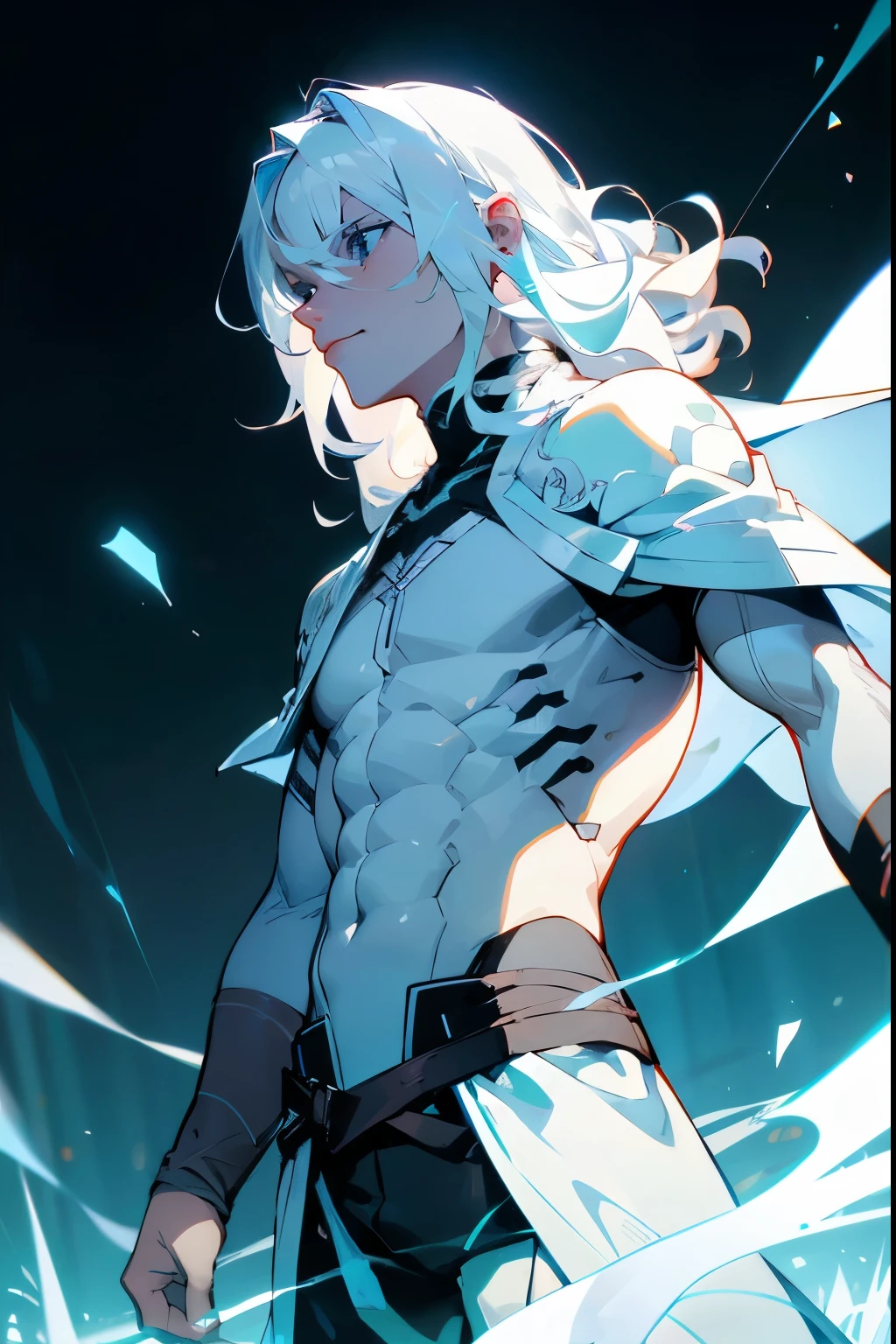 1male , Pale Powder Blue Eyes , Luminescent White Hair , Wavy Hair , Medium Length Hair , White Compression Shirt , Muscular , Black Poncho , Wrist Wraps , Muscular , Adult Male , Standing in Grassy Planes , Facing Camera 