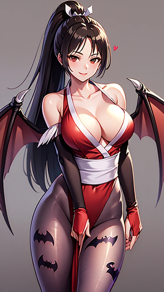 masterpiece, best quality, highres, 1girl, solo, morrigan aensland,wings,animal print,pantyhose,leotard,head wings,bat print,print pantyhose,split black red leotard,diamond cutout,heart cutout,long hair,red eyes,bridal gauntlets,split green purple hair,bare shoulders,smile,demon,simple background,looking at viewer,collarbone,split violet blue legwear,bat wings, big chested, mai shiranui, brown eyes, long hair, brown hair, white ribbon, sleeveless, ponytail, sash, pelvic curtain, arm guards, gloves, tabi,