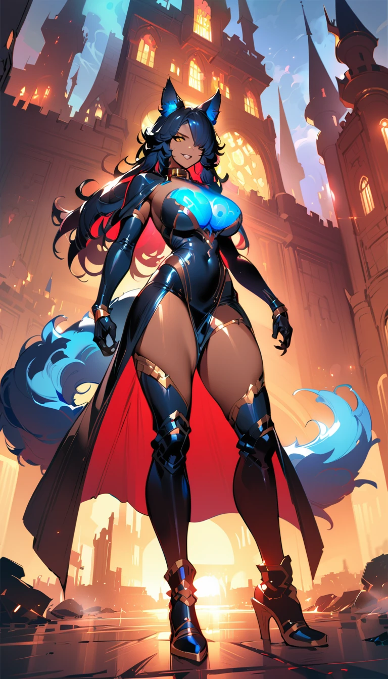 best quality,4k,8k, highres, masterpiece:1.2), ultra-detailed, extremely detailed eyes, extremely detailed body, (large masterpiece digital art), (detailed manga illustration), (detailed line art), ((perfect anatomy)), (intricate details:1.3), (ultra-detailed:1.3), (illustration:1.3), (sharp focus:1.3), (natural lighting:1.05), (vivid colors:1.3), (masterpiece), (best quality:1.4), (perfect anatomy:1.4), high quality, expressive eyes, full body, detailed face, beautiful face, perfect face, 1girl, ((dark skin)), animal ears, black sclera, smile, colored sclera, , solo, monster girl, black hair, (wolf ears), large breasts, wide hips, long hair, ((gold eyes)), claws, grin, fur, looking at viewer, collar, ((dynamic action pose)), tail, (wolf tail), {(dragon horns)}, demon horns, wings, sadistic smile over eye, {regal outfit}, tiny crown, blue fire, curvy, sexy dress, dark skicinematic lighting, dramatic atmosphere, Beautiful woman, dragon spear in hand, Jeff Bridges, ((cartoon style)), Marvel Cinematic Universe style, (((hell castle in the background))), soft bokeh of hellscape, Atey Ghailan, Jeremy Mann, Greg Manchess, Antonio Moro, trend in ArtStation, trend in CGSociety, Intricate, High Detail, Sharp focus, dramatic and photorealistic painting art by Midjourney and Greg Rutkowski,