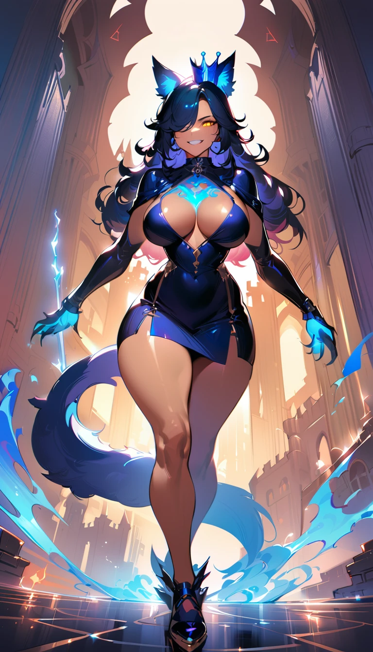 best quality,4k,8k, highres, masterpiece:1.2), ultra-detailed, extremely detailed eyes, extremely detailed body, (large masterpiece digital art), (detailed manga illustration), (detailed line art), ((perfect anatomy)), (intricate details:1.3), (ultra-detailed:1.3), (illustration:1.3), (sharp focus:1.3), (natural lighting:1.05), (vivid colors:1.3), (masterpiece), (best quality:1.4), (perfect anatomy:1.4), high quality, expressive eyes, full body, detailed face, beautiful face, perfect face, 1girl, ((dark skin)), animal ears, black sclera, smile, colored sclera, breasts, solo, monster girl, black hair, (wolf ears), large breasts, curvy, wide hips, long hair, ((gold eyes)), claws, grin, fur, looking at viewer, collar, ((dynamic action pose)), tail, (wolf tail), {(dragon horns)}, demon horns, wings, sadistic smile, hair over eye, {regal outfit}, tiny crown, blue fire, curvy, sexy dress, dark skin, cinematic lighting, dramatic atmosphere, Beautiful woman, dragon spear in hand, Jeff Bridges, ((cartoon style)), Marvel Cinematic Universe style, (((hell castle in the background))), soft bokeh of hellscape, Atey Ghailan, Jeremy Mann, Greg Manchess, Antonio Moro, trend in ArtStation, trend in CGSociety, Intricate, High Detail, Sharp focus, dramatic and photorealistic painting art by Midjourney and Greg Rutkowski,
