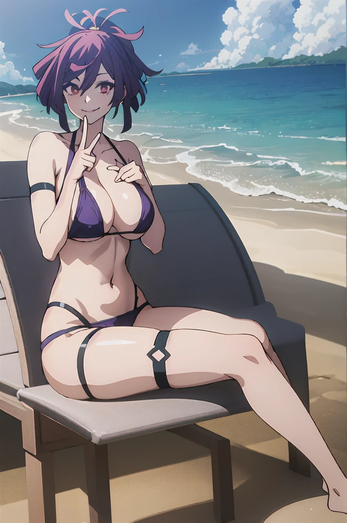 yuzuriha\(jigokuraku\), 1girl, solo, breasts, cleavage, breasts_focus, big breasts, purple bikini, bare shoulders, collarbone, underboob, thick thighs, slim waist, one leg up, peace sign, smiling, beach