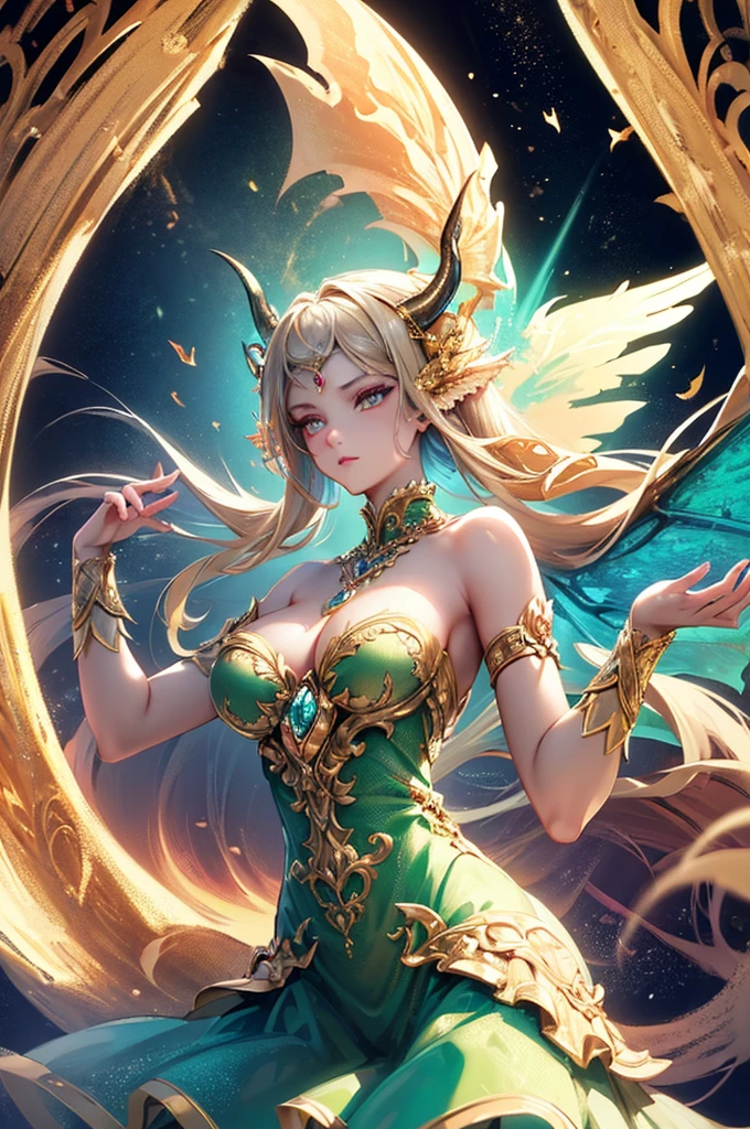(high-quality,16k,HD,masterpiece:1.2),dragon girl,original character,fantasy dresses,perfectly shaded,extremely detailed horn,glowing effect,resplendent wings,enchanted forest background,vibrant colors,fierce gaze,majestic pose,ethereal atmosphere,dreamlike ambiance,magical aura,mythical creature,artistic rendering,imaginative concept,exquisite details,exotic beauty,sharp focus,dramatic lighting,elaborate costume, bewitching charm,mesmerizing presence,radiant complexion,intricate scales,graceful movements,serene expression,a touch of mystery,otherworldly elegance,unforgettable masterpiece.