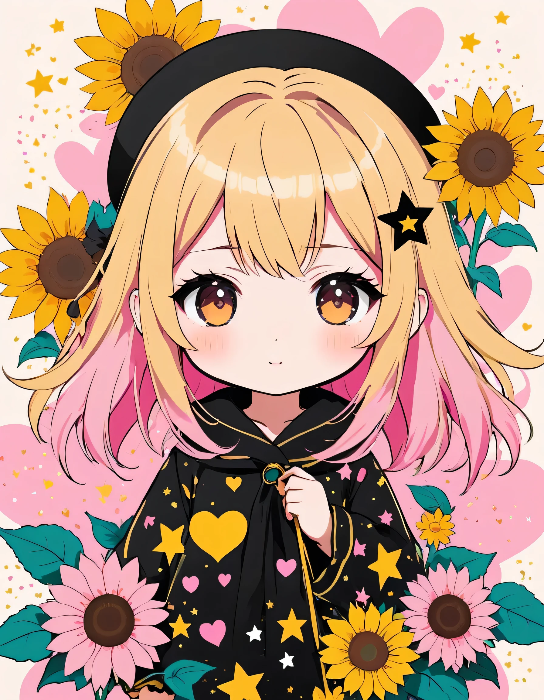 Black Star Gold and Pink style, Simple Line Initialism，Abstract art，Kawaii Design, The most beautiful girl of all time, (((chibi))), The background is sunflowers, colorful hearts,